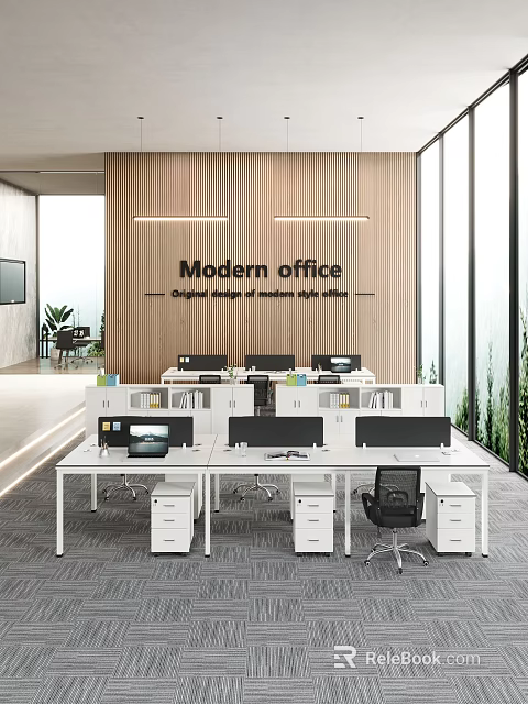 Modern Public Office Area With Workstations Computers Green Plants And Large Windows 3d model