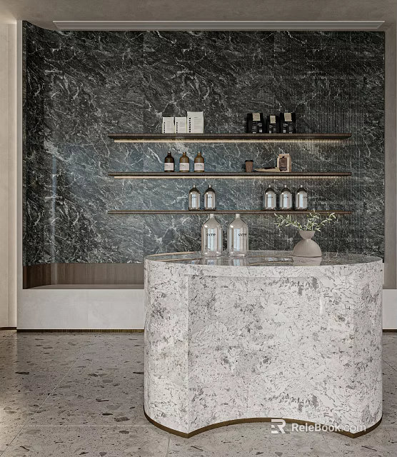 Elegant Round Marble Bar Featuring Shelves with Bottles and Decor on Marble Wall 3d model 