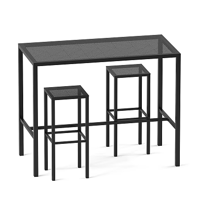 Modern Black Metal Bar Counter With Mesh Top And Two Matching Stools 3d model