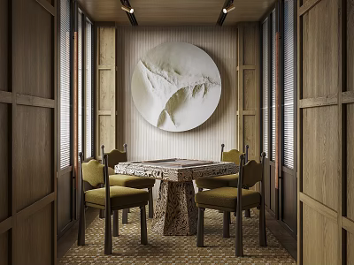 Hotel Mahjong Room With Wooden Walls Circular Art Square Table Green Chairs And Shutter Windows 3d model