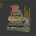 Coastal Scene Decorative Model with Red Building Green Windows Orange Umbrellas Trees and Small Boat