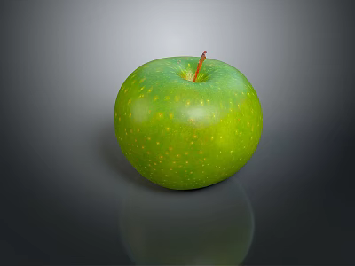 Fresh Green Apple With Yellow Spots On Shiny Surface And Dark Background 3d model