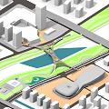 Modern Landscape Bridge Over River Connecting Green Space and Urban Buildings