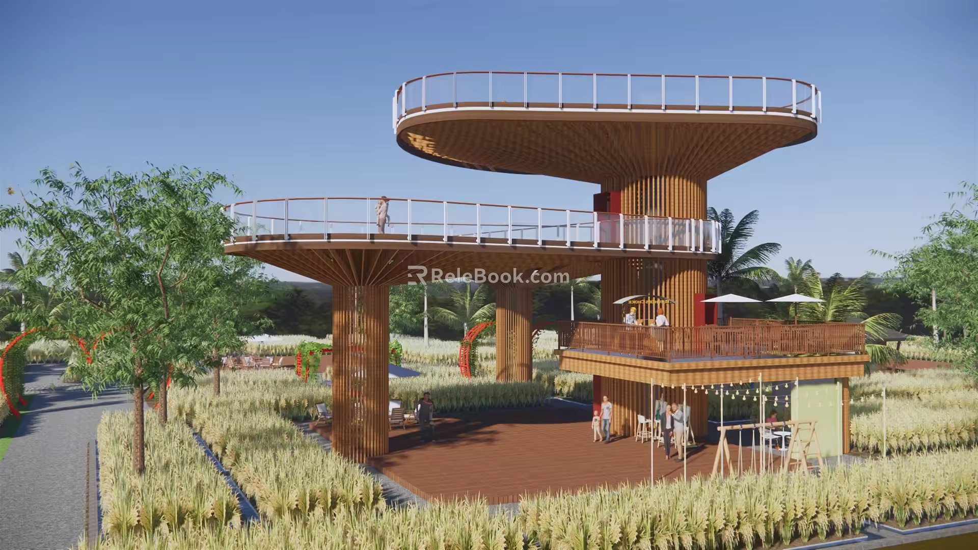 Modern Viewing Deck Viewing Tower Platform Viewing Tower Mountain Wooden Plank Road Thatched House Village Corridor Viewing Tower 3d model