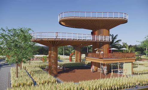 Modern Viewing Deck Viewing Tower Platform Viewing Tower Mountain Wooden Plank Road Thatched House Village Corridor Viewing Tower 3d model