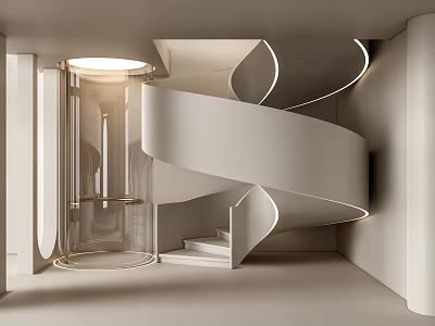 Elegant Modern Spiral Staircase With White Structure Glass Railing And Interior Design 3d model