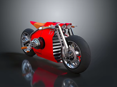Red Futuristic Motorcycle With Sleek Body Exposed Silver Engine And Metallic Wheels 3d model