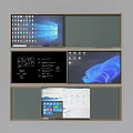Home Office Wall With Multiple Screens Showing Windows Desktop Abstract Blue Design And Line Drawings
