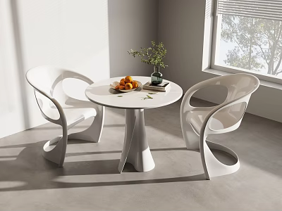 White Leisure Chairs With Modern Curved Lines By Round Table And Window With Trees 3d model
