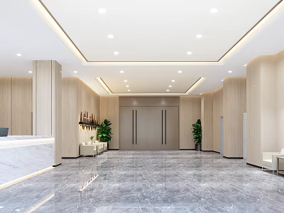 Modern Front Desk Reception Lobby With Marble Floor Wooden Walls And Green Plants 3d model