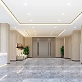 Modern Front Desk Reception Lobby With Marble Floor Wooden Walls And Green Plants