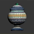 Artisan Carved Decorative Jar With Colorful Patterns Green Lid And Blue Base