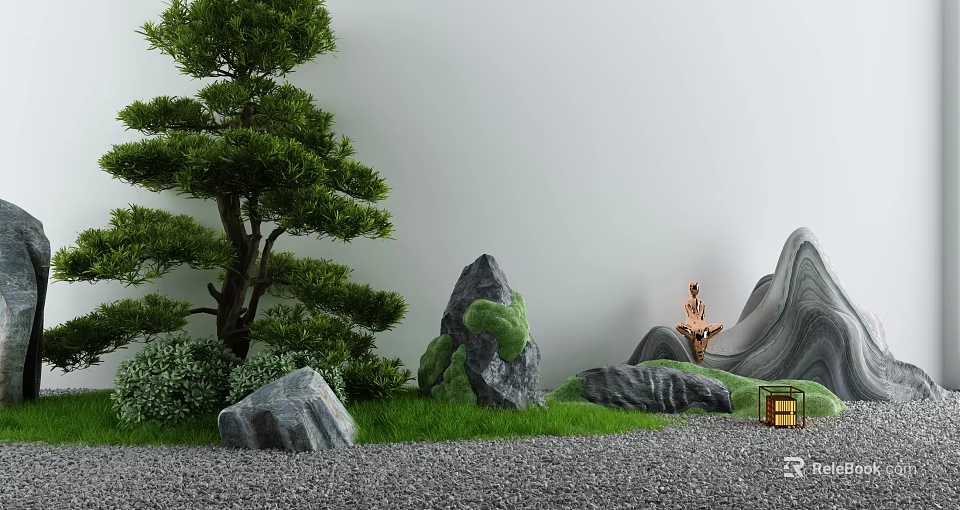 Karesansui Dry Landscape Garden With Green Pine Mossy Rocks Sitting Figure And Stone Lantern 3d model 