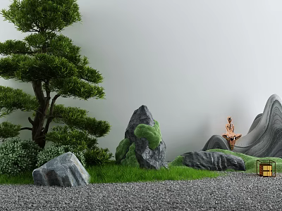 Karesansui Dry Landscape Garden With Green Pine Mossy Rocks Sitting Figure And Stone Lantern 3d model