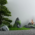 Karesansui Dry Landscape Garden With Green Pine Mossy Rocks Sitting Figure And Stone Lantern