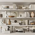 Decorative Ornament Collection with Sculptures Vases Bowls Books and Frames on White Tiered Shelf