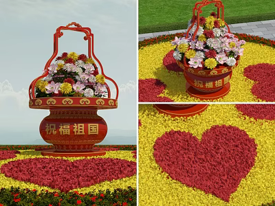 Red Patriotic Vase with Colorful Flowers and Red Heart Shaped Patterns on Yellow Background 3d model