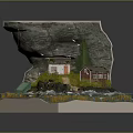 Detailed Miniature Landscape Model With Rock Formation Cottages Water Waves And Small Boat