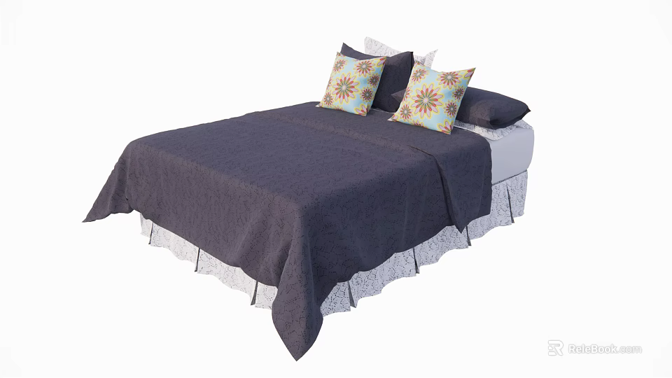 Double Bed With Dark Bedspread White Lace Trim And Floral Patterned Pillows 3d model 