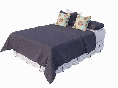Double Bed With Dark Bedspread White Lace Trim And Floral Patterned Pillows 3d model