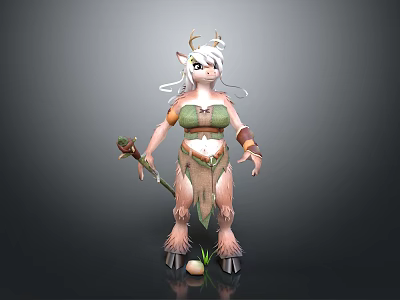 Ethereal Mythical Woman With White Long Hair Antlers Green Outfit Staff And Deer Legs 3d model