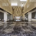 Spacious Hotel Lobby With Marble Floor Geometric Ceiling And Glass Windows 3d model
