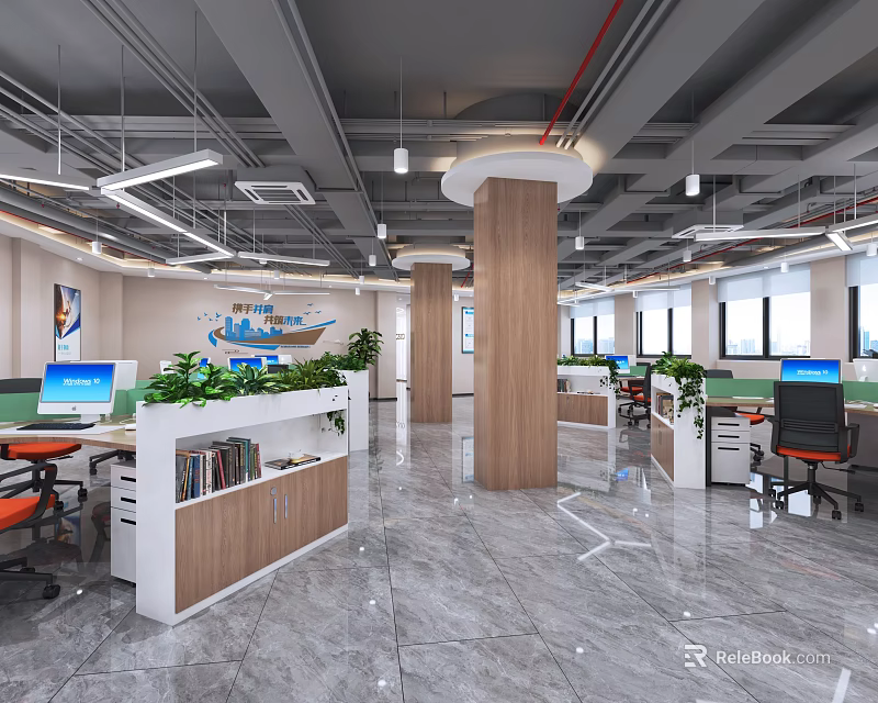 Public Office Space Open Layout With Workstations Green Plants And Marble Flooring 3d model