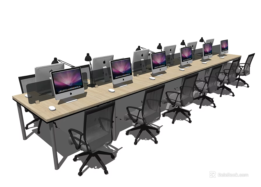 Long Office Desk Setup With Multiple Computer Monitors And Ergonomic Chairs 3d model