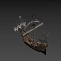 Ancient Wooden Sailing Ship With Multiple Masts And Detailed Deck Features