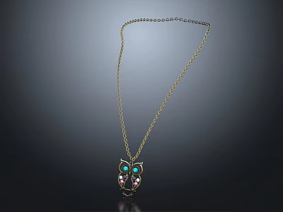 Unique Owl Shaped Pendant Necklace Featuring Colorful Gemstones And Gold Chain 3d model