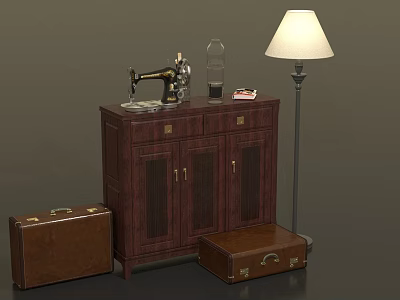 Vintage Wooden Cabinet With Sewing Machine Glass Cloche Red Book Suitcases And Floor Lamp 3d model