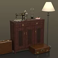 Vintage Wooden Cabinet With Sewing Machine Glass Cloche Red Book Suitcases And Floor Lamp