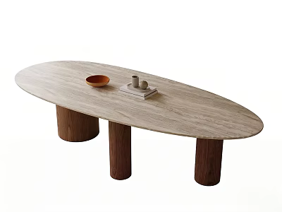 Oval Dining Table with Light Stone Top and Dark Brown Legs featuring Bowl and Cup 3d model