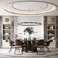 Elegant Restaurant Interior With Circular Pendant Light Marble Walls And Purple Chairs
