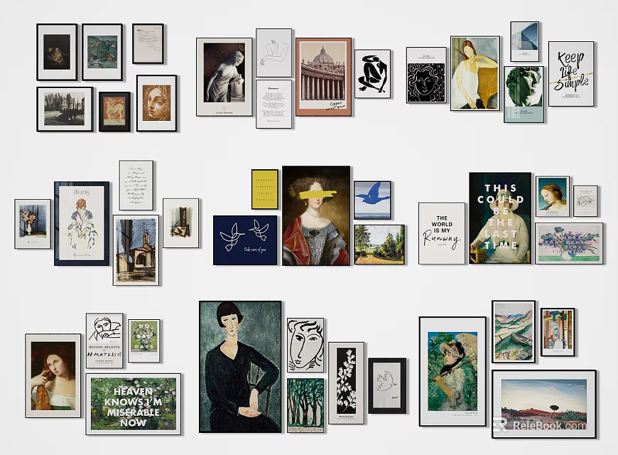Collection of Portrait Paintings Featuring Various Styles and Framed Artworks 3d model 
