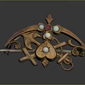 Vintage Golden Metal Brooch With Central Ruby Pearl Accents Heart Cross And Scrollwork Design