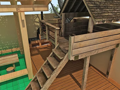 Kindergarten Outdoor Playground With Wooden Platform Stairs And Green Floor 3d model