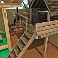 Kindergarten Outdoor Playground With Wooden Platform Stairs And Green Floor