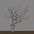 White Vase With Orange Blossom Branches on Wooden Tabletop Against Light Gray Wall Soft Light