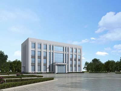 Modern Office Building Exterior With Glass Curtain Walls Multi Story Structure And Landscaped Front Plaza 3d model