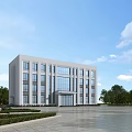 Modern Office Building Exterior With Glass Curtain Walls Multi Story Structure And Landscaped Front Plaza