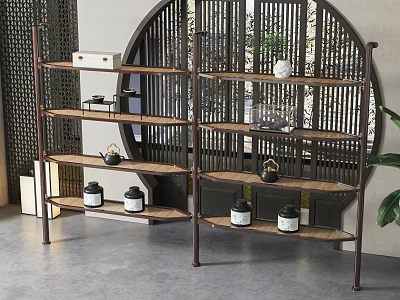 Chinese Style Wooden Shelving Unit Displaying Black Jars And Decorative Items In Interior Space 3d model
