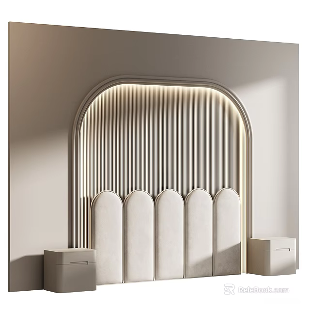 Elegant Bedroom Accent Wall With Arched LED Lighting Vertical Slats And Upholstered Headboard 3d model 