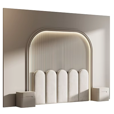 Elegant Bedroom Accent Wall With Arched LED Lighting Vertical Slats And Upholstered Headboard 3d model