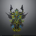 Ornate Decorative Shield With Yellow Blue Black Symmetric Patterns And Metallic Texture