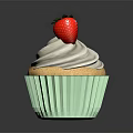 Delicious Cupcake With Green Paper Liner White Whipped Cream And Fresh Strawberry On Top