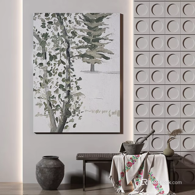 Decorative Wall Art With Tree Design And Circular Pattern Wall Alongside Table With Vase And Ornaments 3d model