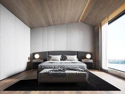 Modern Bedroom Interior Design With Wooden Ceiling Gray Walls Black Headboard And Table Lamps 3d model