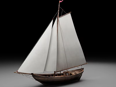 Wooden Sailboat Model With White Sails And Detailed Craftsmanship Against Black Background 3d model