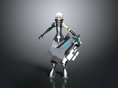 Futuristic Game Movie Character With White Hair Green Black Outfit Holding Tech Weapon 3d model